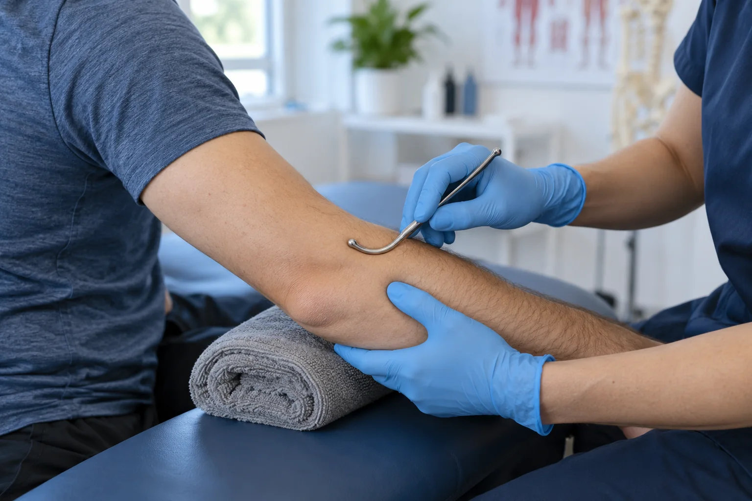 Gancho de acero para fibrolisis diacutánea aplicado en el antebrazo